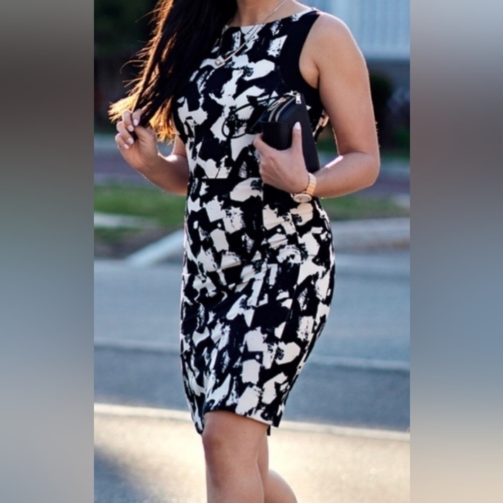 H&M Black White Abstract Sheath Midi Dress Size 4